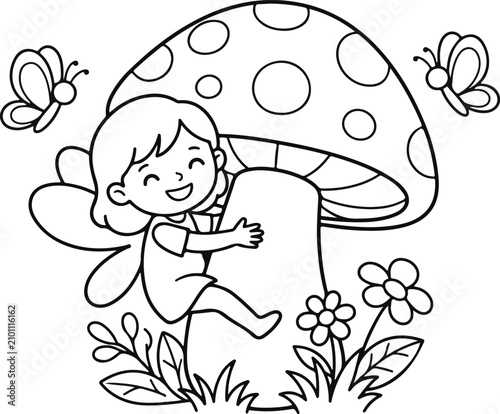 Smiling child fairy sitting on a toadstool with butterflies