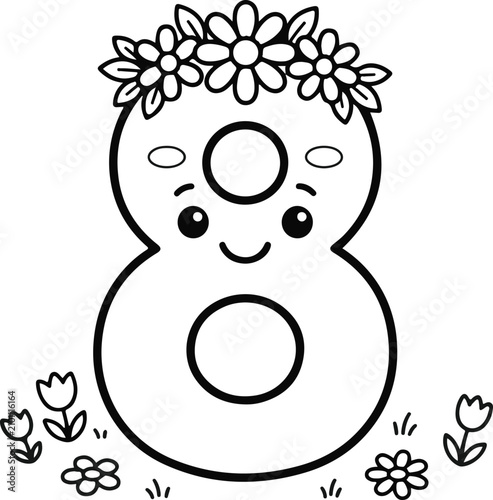 Smiling cartoon number eight with floral crown and flowers