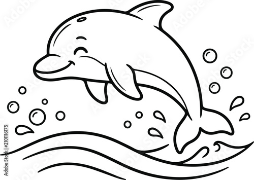 Smiling dolphin swimming in wavy ocean water with bubbles