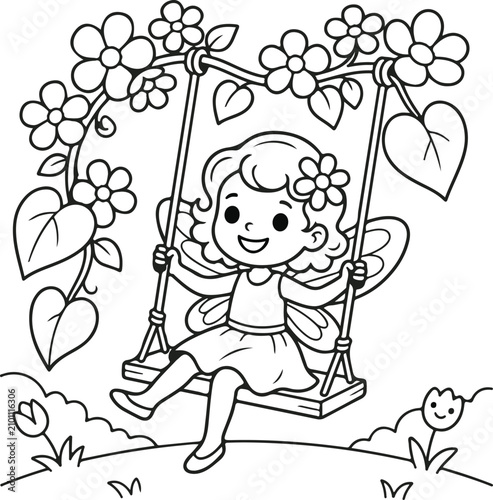 Smiling little girl with wings sitting on swing surrounded by flowers and leaves