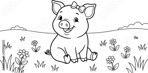 Smiling pig sitting in a field with flowers