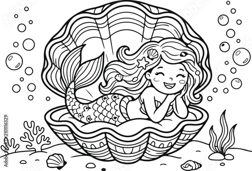 Smiling mermaid lying in a clamshell underwater scene