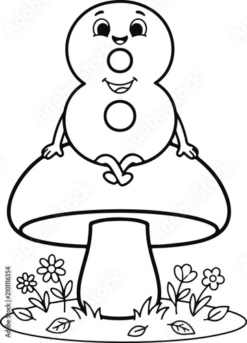 Smiling snowman sitting on a mushroom with flowers