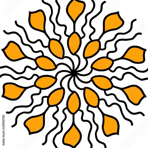 Abstract Spiral Pattern with Black and Orange Elements on White Background