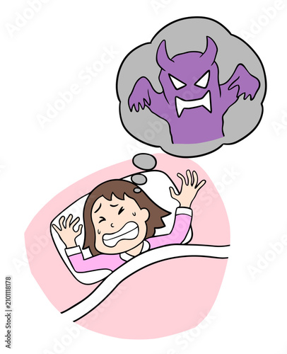 睡眠中に恐ろしい悪夢を見てうなされているコミカルな女性のイラスト