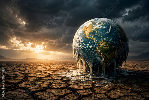 Melting Earth globe resting on cracked dry soil beneath dramatic storm clouds, global warming concept