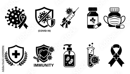 Icons Representing Covid-19 Awareness and Health Measures Including Immunity, Vaccines, and Safety Featuring Virus, Vaccine