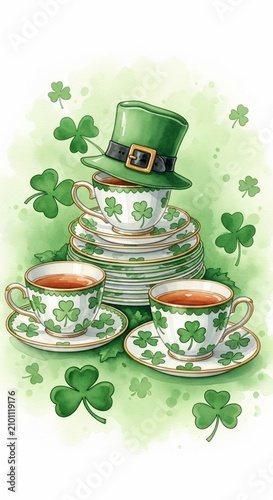 Emerald Brews: Whimsical Watercolor Tea Party with Lucky Clovers