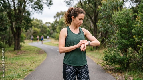 Woman checking smartwatch on running path in park with blurred runners in background
