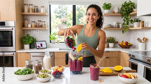 Smiling woman adding fresh berries and mango to blender for healthy smoothie in modern kitchen