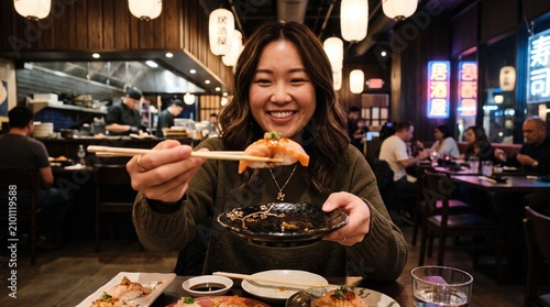 Smiling Asian woman enjoys salmon sushi at a Japanese restaurant with neon signs