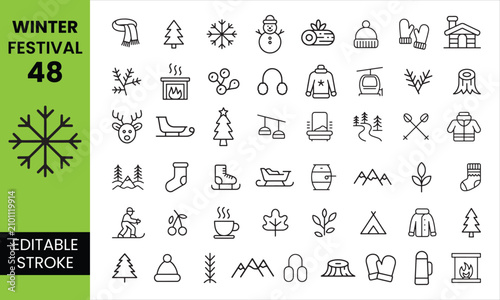 Editable winter festival outline icon set featuring snowflakes, holiday, Christmas, celebration, gifts and seasonal symbols.