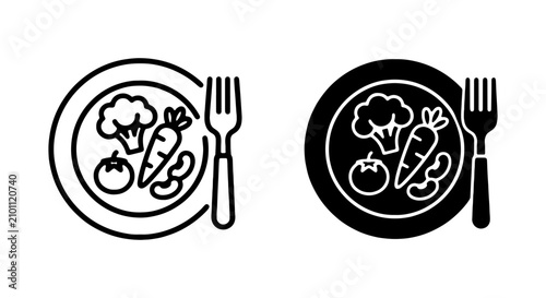 Healthy Food Plate Icons, Vegetarian Meal Vector Graphics, Simple Diet Symbols, Black and White