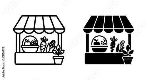 Farmers Market Stall Icons, Fresh Produce Stand Vector Graphics, Organic Food Shop Illustrations