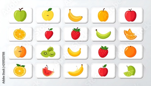 Colorful fruit icons on white background grid.