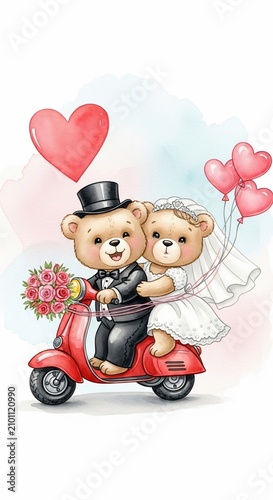 Watercolor bears on a scooter, off to wed!