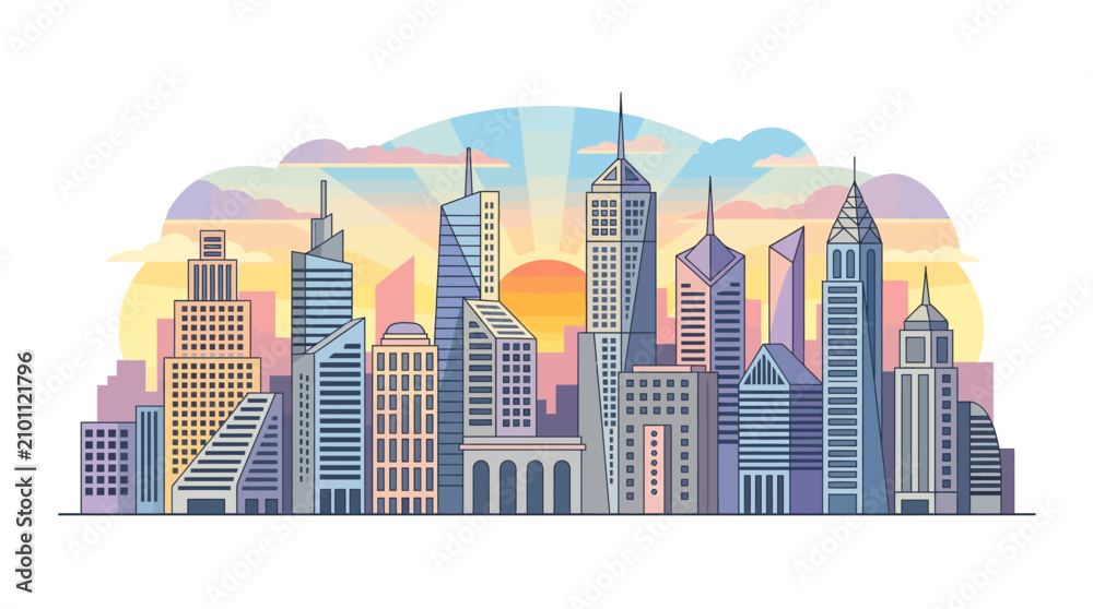 Obraz premium Modern City Skyline Illustration at Sunset