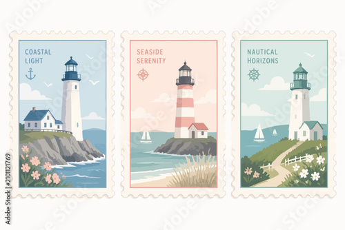Bild auf Leinwand Lighthouse Collection: A trio of charming postage stamps, each featuring a distinct lighthouse scene: one on a rocky coast, another on a small island, and a third overlooking a scenic path