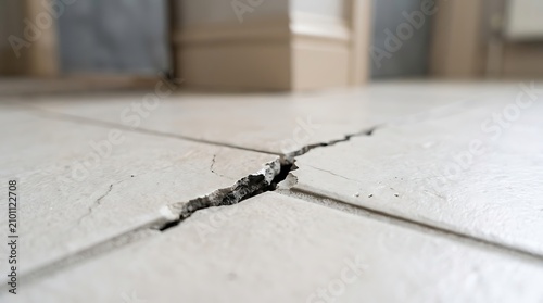 Close-up of a cracked white floor tile, showing damage and need for repair.