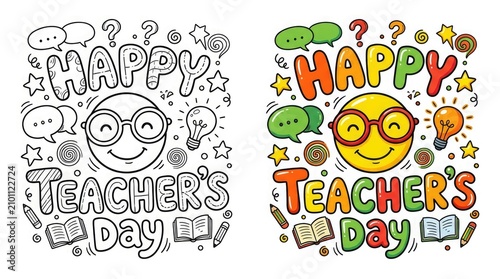 Happy teacher's day doodle art black and white color versions for educational resources