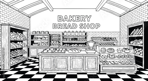 Fotografía Vector illustration design of a charming vintage bakery interior shop featuring