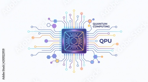 Quantum computing illustration with colorful circuit board and QPU Technology