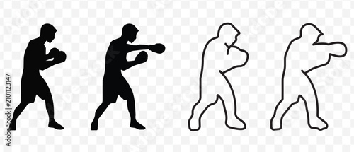 Cuadro en lienzo Boxing Icons Set - 4 Vector Silhouette and Line Art Boxer Poses Jab Guard SVG