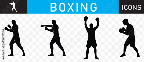 Fotografía Boxing Icons Set - 4 Vector Black Silhouette Boxer Poses Jab Victory Banner SVG