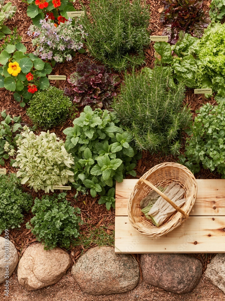 Obraz premium Lush permaculture herb garden with a wicker harvest basket and work gloves on a weathered wood plank, featuring vibrant edible flowers and organic mulch for sustainable gardening