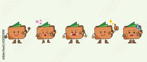 Cute five wallet mascot characters with expression and pose colorful illustration set bundle drawing.