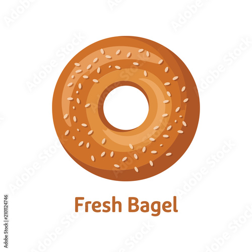 Fresh round bagel with sesame seeds isolated on white background, traditional baked bread product, flat breakfast food