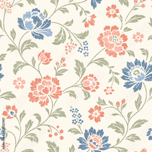 Decorative chintz inspired floral design, stylized Jacobean flowers, leaves. Seamless vector pattern, trailing botanical background for wallpapers or fabric design