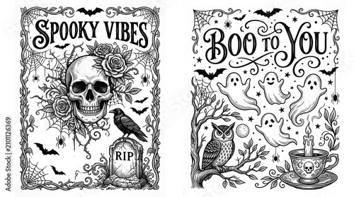 Vintage halloween illustrations skull raven spooky phrases with botanical elements