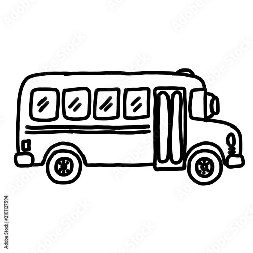 Hand drawn school bus icon, simple school transportation illustration, doodle style bus, bold black outline, monochrome line art, minimal design, isolated on white background, clean contour, education