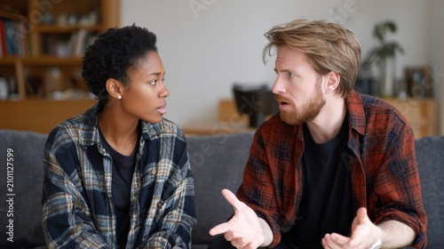Diverse couple having a serious discussion or argument on a couch