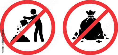 No Littering and Prohibited Illegal Dumping Warning Sign Set featuring Forbidden Garbage Pouring Human Figure and Trash Bag Waste Disposal Restriction SymbolsNo Littering and Prohibited Illegal Dumpin