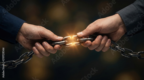 Supply chain resilience business hand connection metal link teamwork strength two hands holding glowing metal chain link symbolizing supply chain resilience for business success and strong