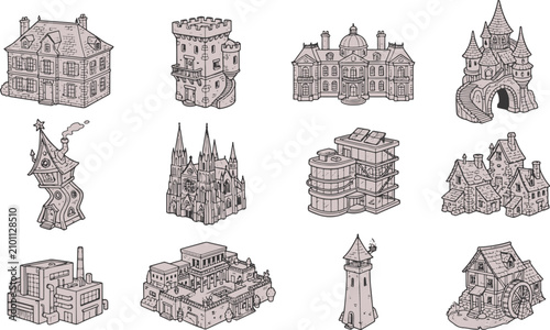 Cuadro en lienzo Isometric set of various houses buildings and architectural landmarks in detaile