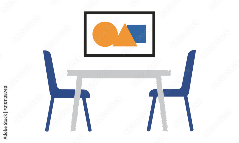 Fototapeta premium Minimalist dining room furniture set with rectangular table and two chairs featuring abstract wall art on a white background, interior design concept