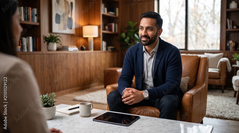 Obraz premium Smiling AI therapist listening to a client in a modern office