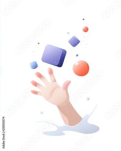 Hand reaching for floating geometric shapes in a splash of liquid, abstract art