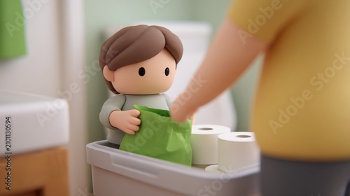 Cute character organizing toilet paper and supplies in a bathroom bin