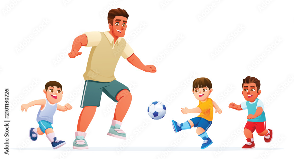 Obraz premium Cheerful man enjoying a lively soccer match with three active young boys. Vector cartoon illustration