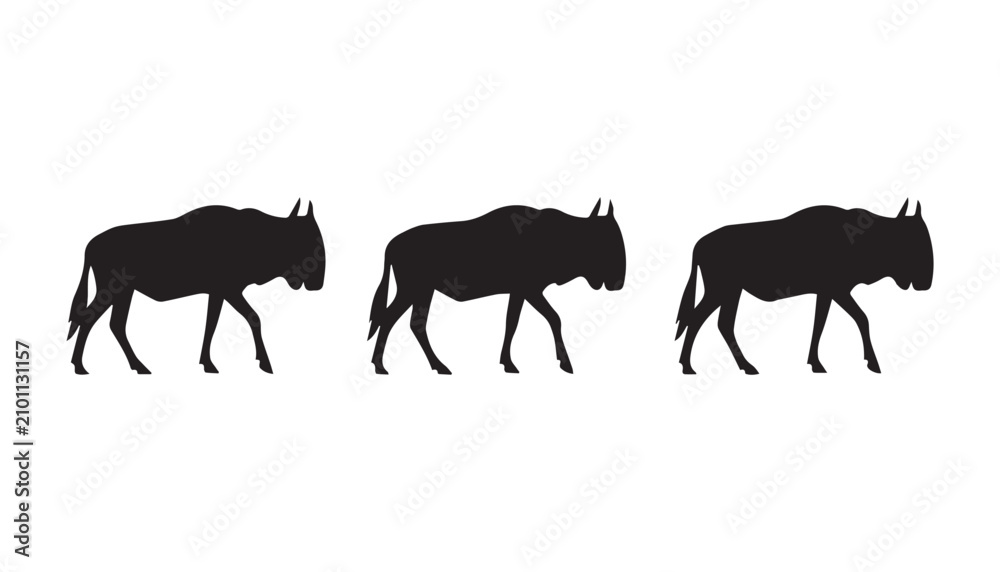 Fototapeta premium black and white silhouette set of Wildebeest very high quality vector illustration.