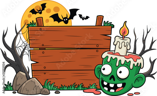 Halloween blank wooden sign vector illustration, cute zombie character full moon and scary trees frame