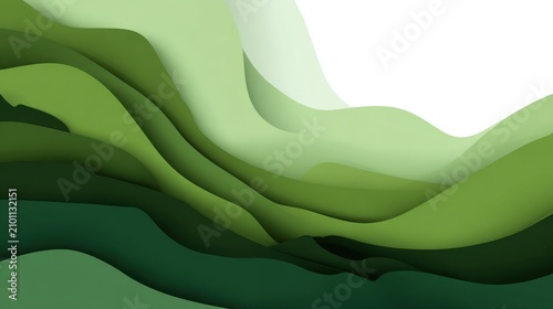 Abstract Green Paper Cut Waves Background with Layered Hills