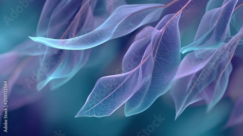Ethereal translucent leaves with intricate veins in blue and purple hues
