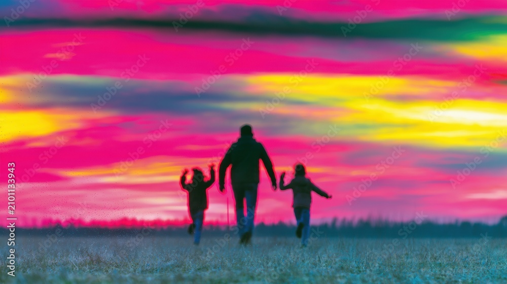 Fototapeta premium Dark silhouettes of a family running through a field under a vivid electric pink sunset, for lifestyle and outdoor happiness concepts