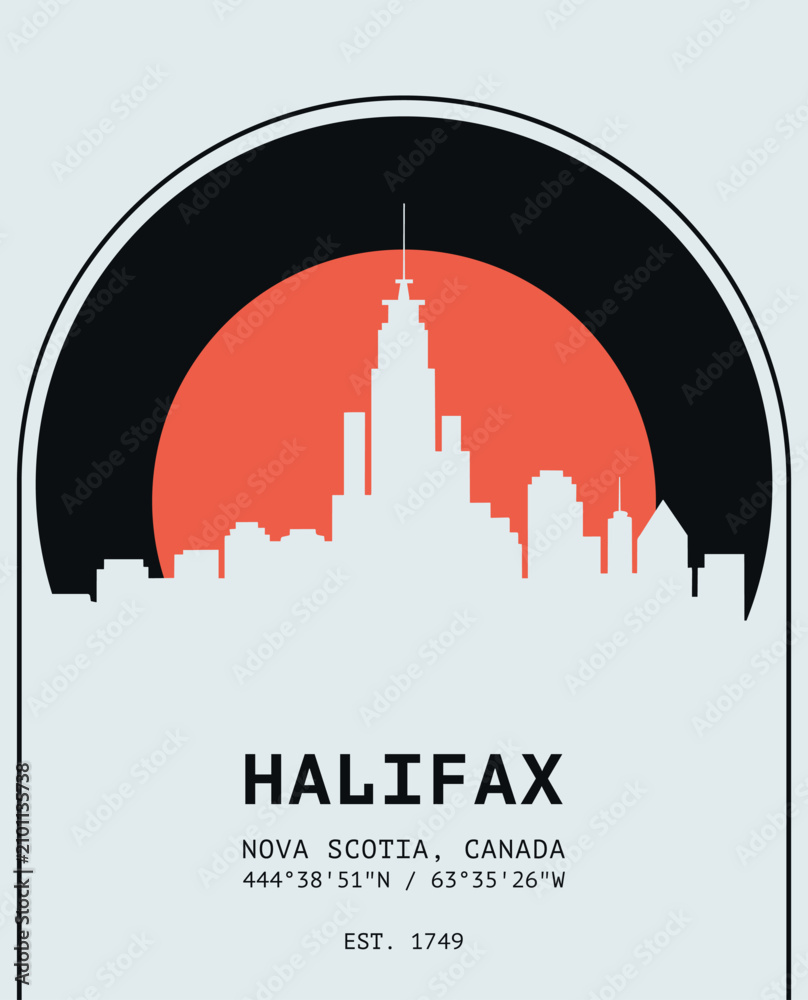 Fototapeta premium Halifax skyline retro poster with silhouette, vintage city travel Canada Nova Scotia graphics. Minimalist industrial mid-century sunset design layout for vinyl covers, postcards, guide books