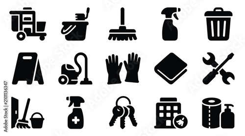 Foto Collection of cleaning service icons representing various tools and supplies for household and professional cleaning tasks